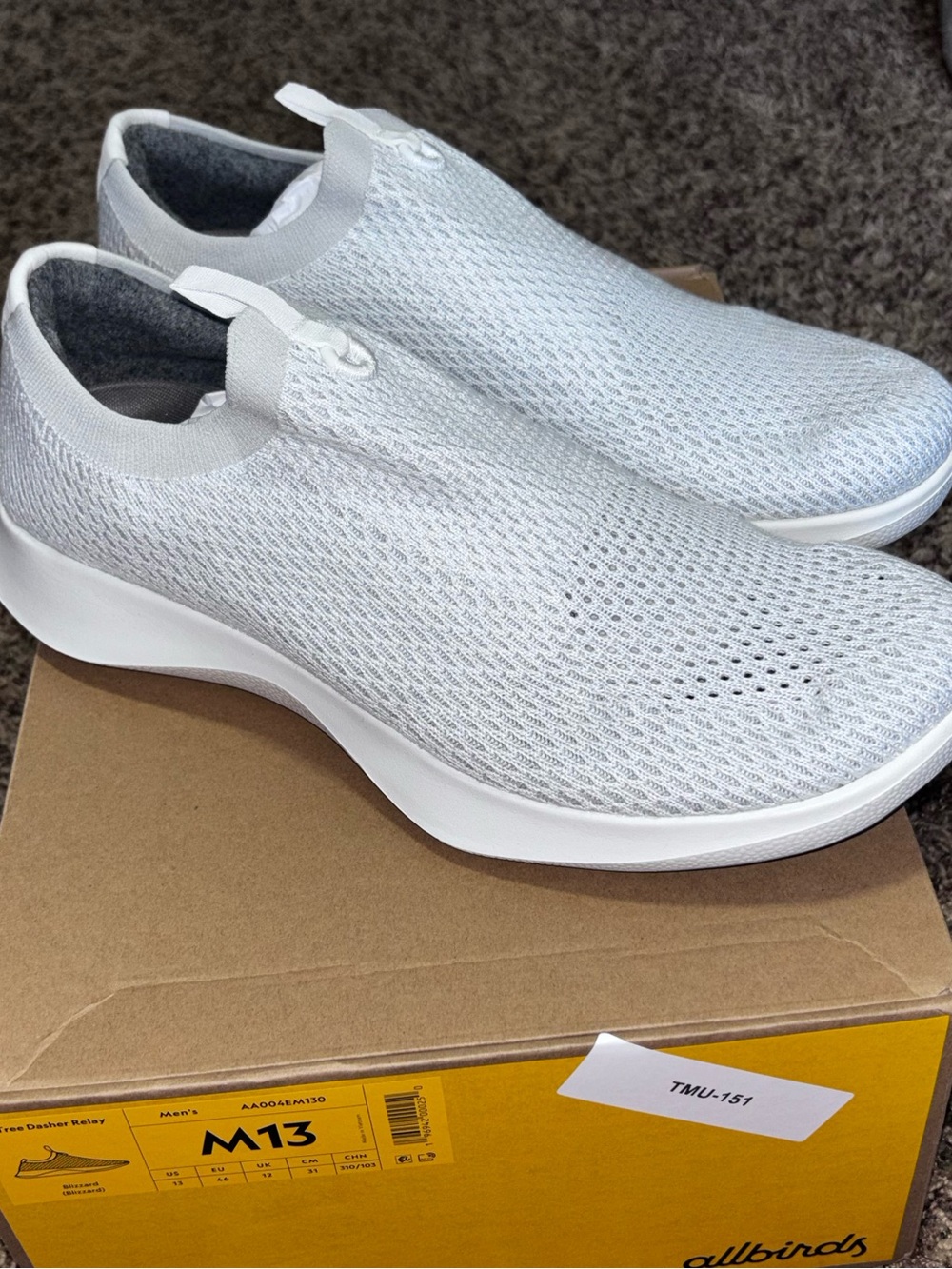 AllBirds Men's 13 Tree Dasher Relay Blizzard White Laceless Active Sneakers Shoe